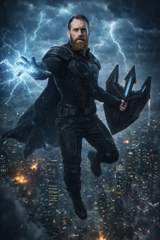 Avenger Above Stormy City