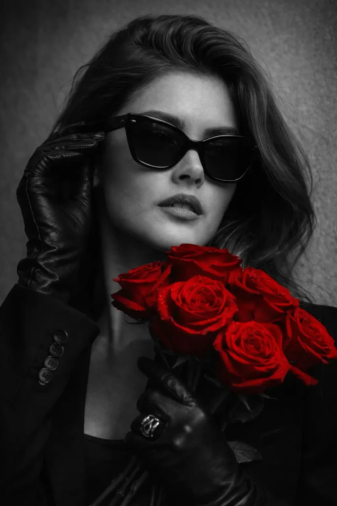 Black and White Image and Red Rose