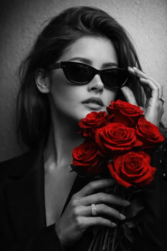 Black and White Image and Red Rose Portrait