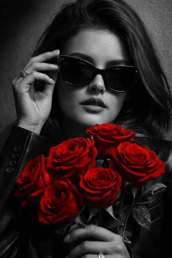 Black and White Image and Red Roses