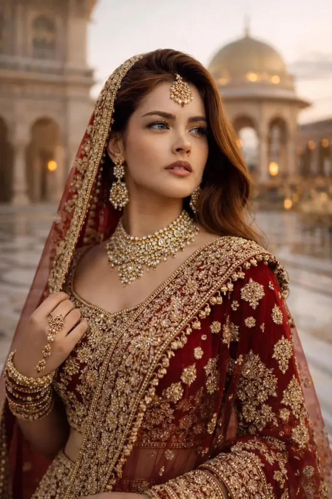 Bridal elegance in palace corridor