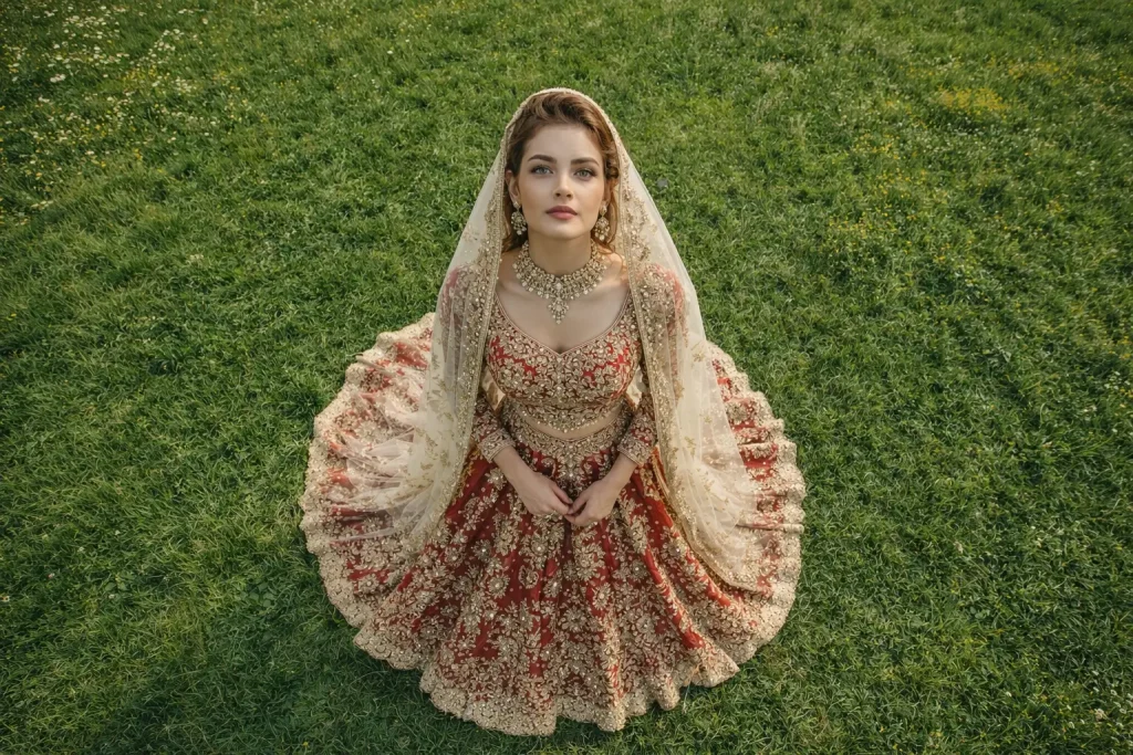 Bride in the Meadow with Gold Lehenga