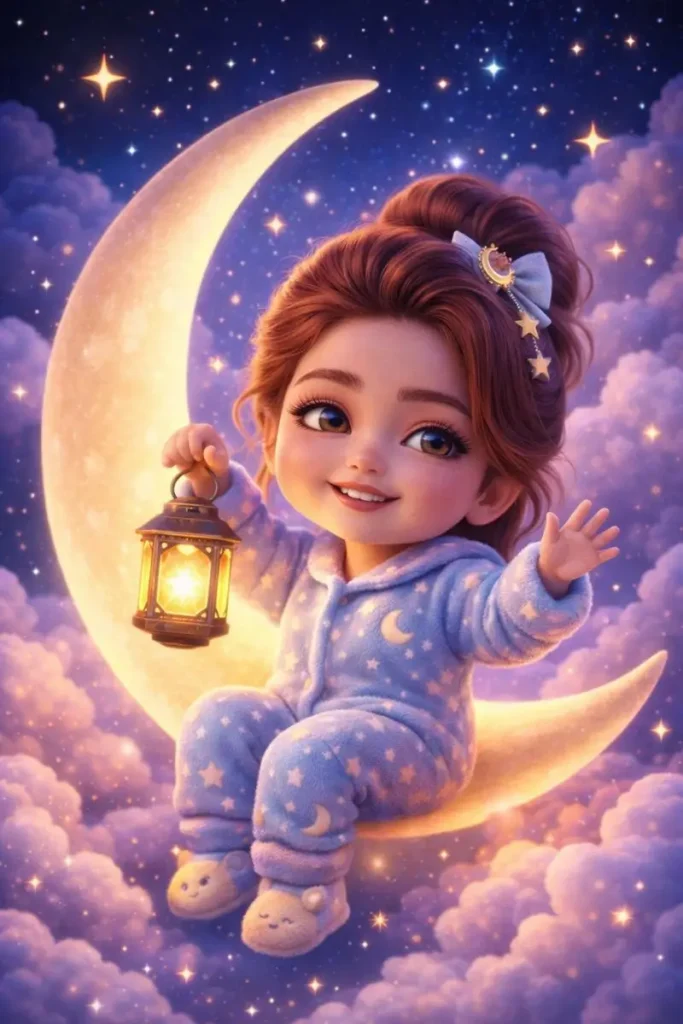 Chibi Girl on Glowing Crescent Moon