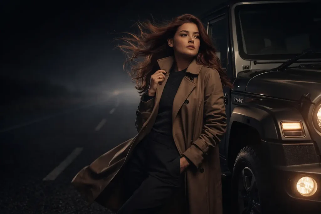 Confident Elegance Against a Dark Road