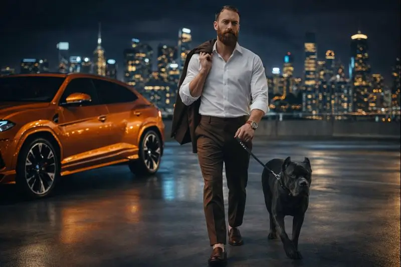 Confident Man and Dog on Rooftop