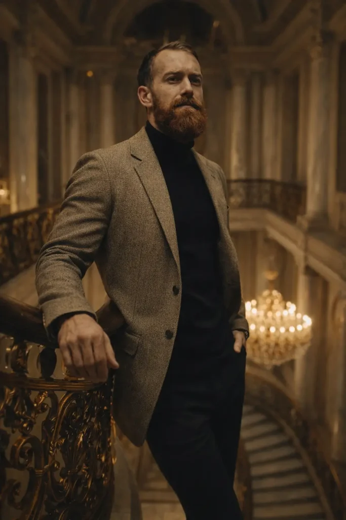 Confident Man in Mansion Staircase