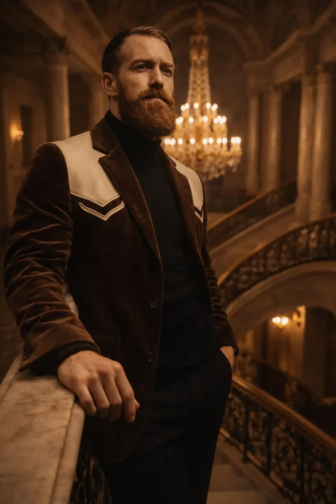 Confident Man in Opulent Mansion Staircase