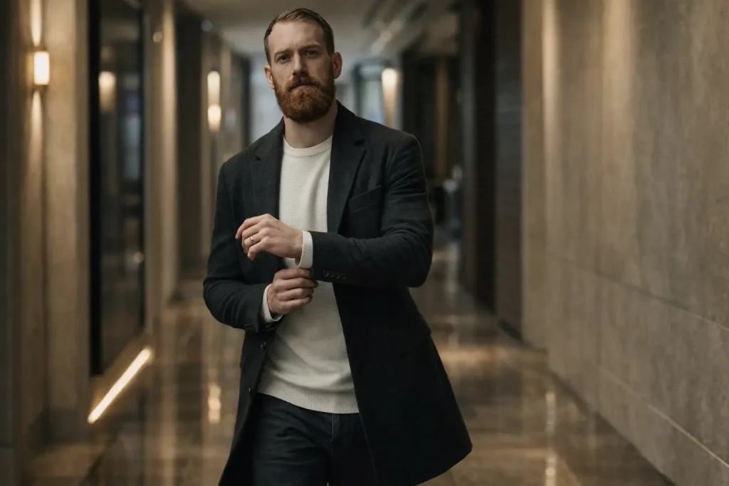 Confident Stride in a Luxurious Corridor
