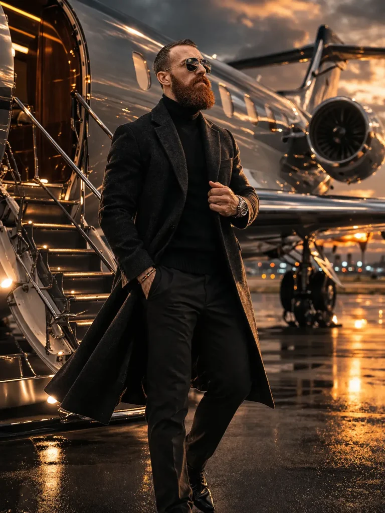 Confident pose by the jet at sunset