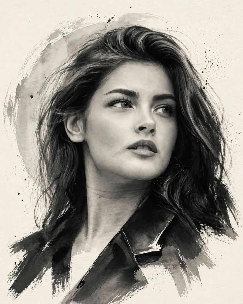 Contemplative woman in ink wash portrait