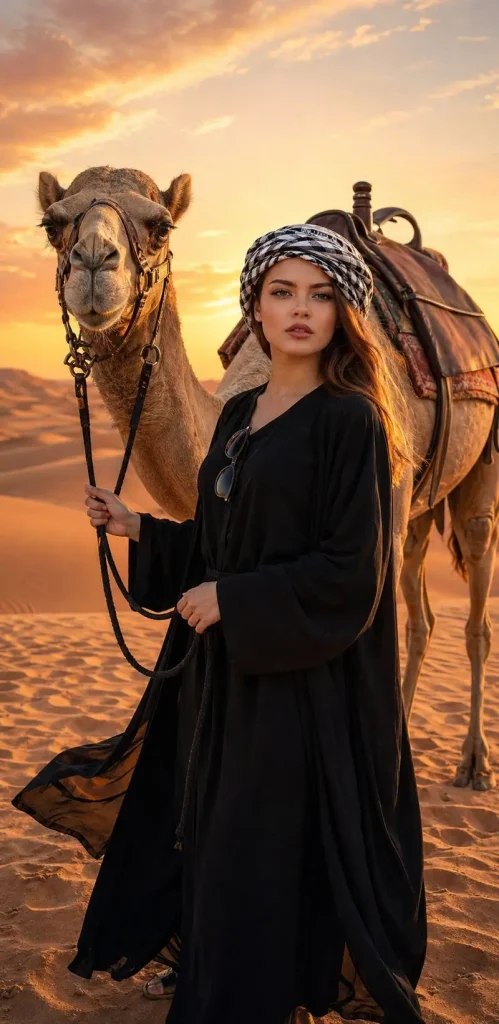 Desert sunset with camel and woman