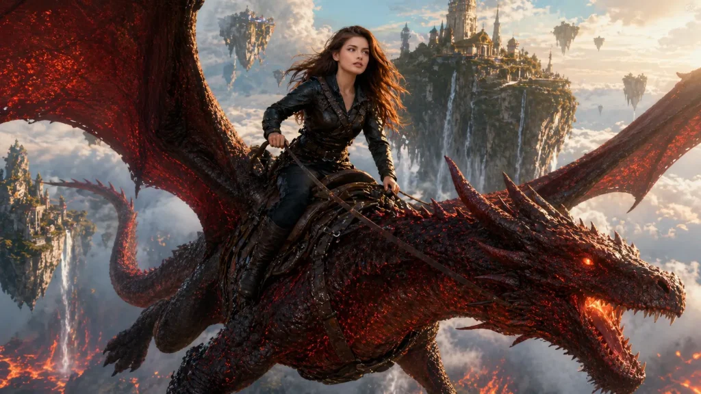 Dragon Rider Over Floating Islands