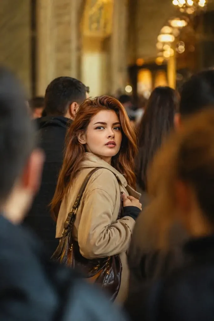 Elegant Woman in a Bustling Hall