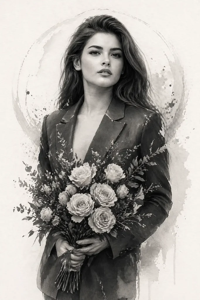 Elegant Woman with Bouquet in Monochrome