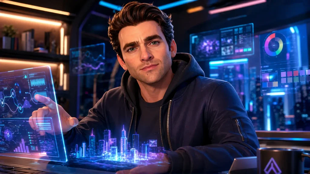 Futuristic Tech Workspace with Holograms