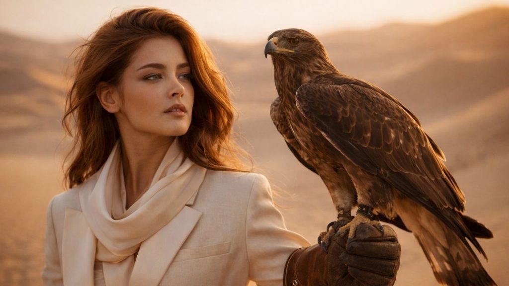 Girl With Eagle in Desert