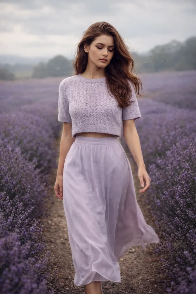 Graceful Walk Through Lavender Field Image