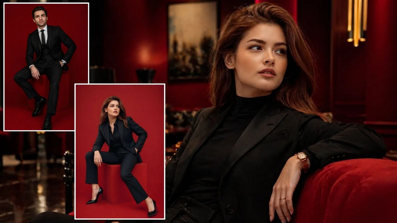 Luxury Red Elegance in Black Attire Portrait