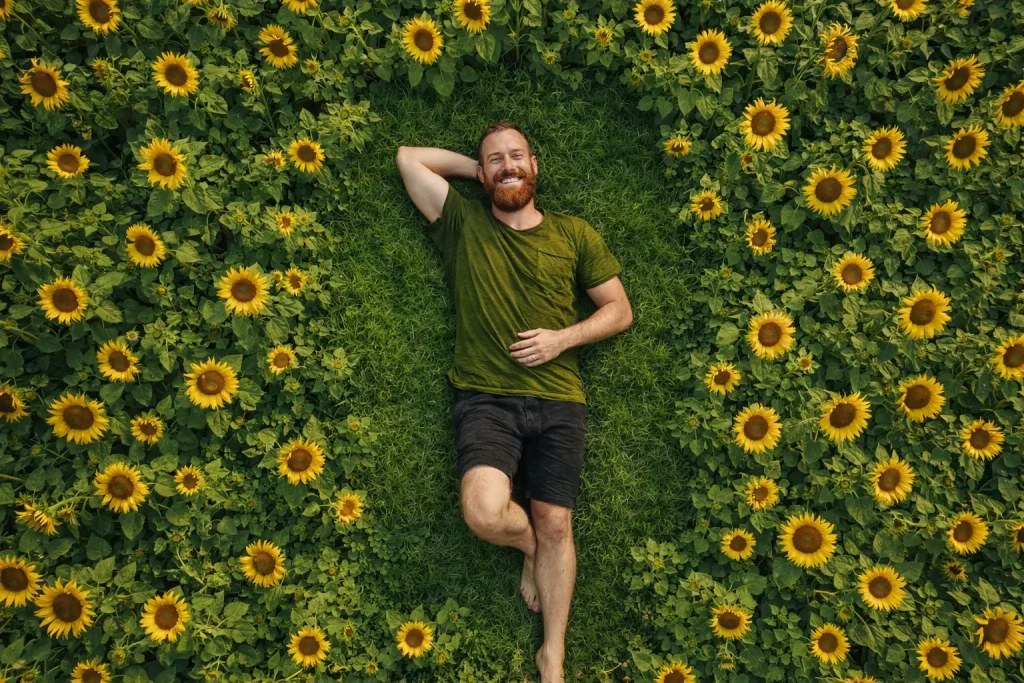 Man Relaxing in Sunflower Field