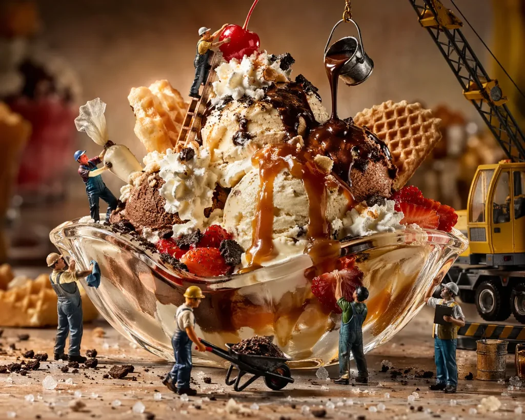 Miniature Workers Build a Giant Sundae
