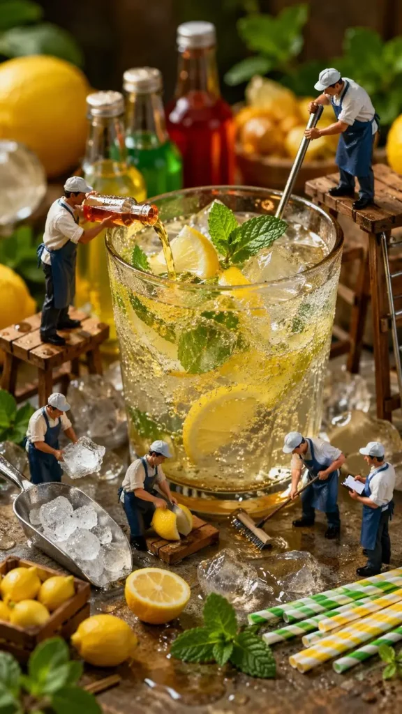 Miniature Workers Making a Lemon Drink