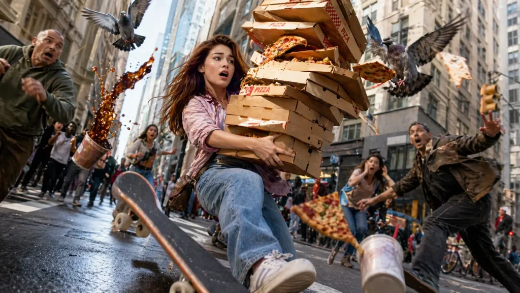 Pizza Chaos in the City Street