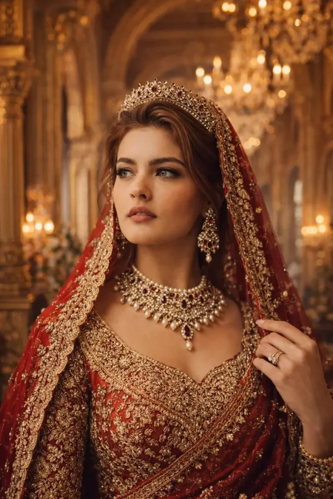 Royal bridal elegance in palace corridor