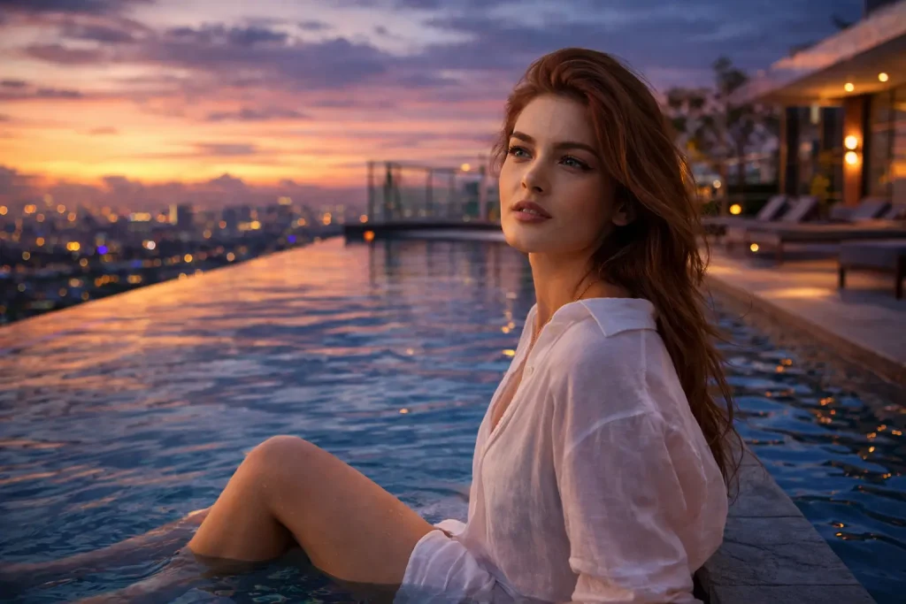 Serene Sunset at a Rooftop Pool