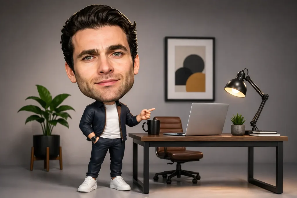 Stylized Office Caricature in Modern Workspace