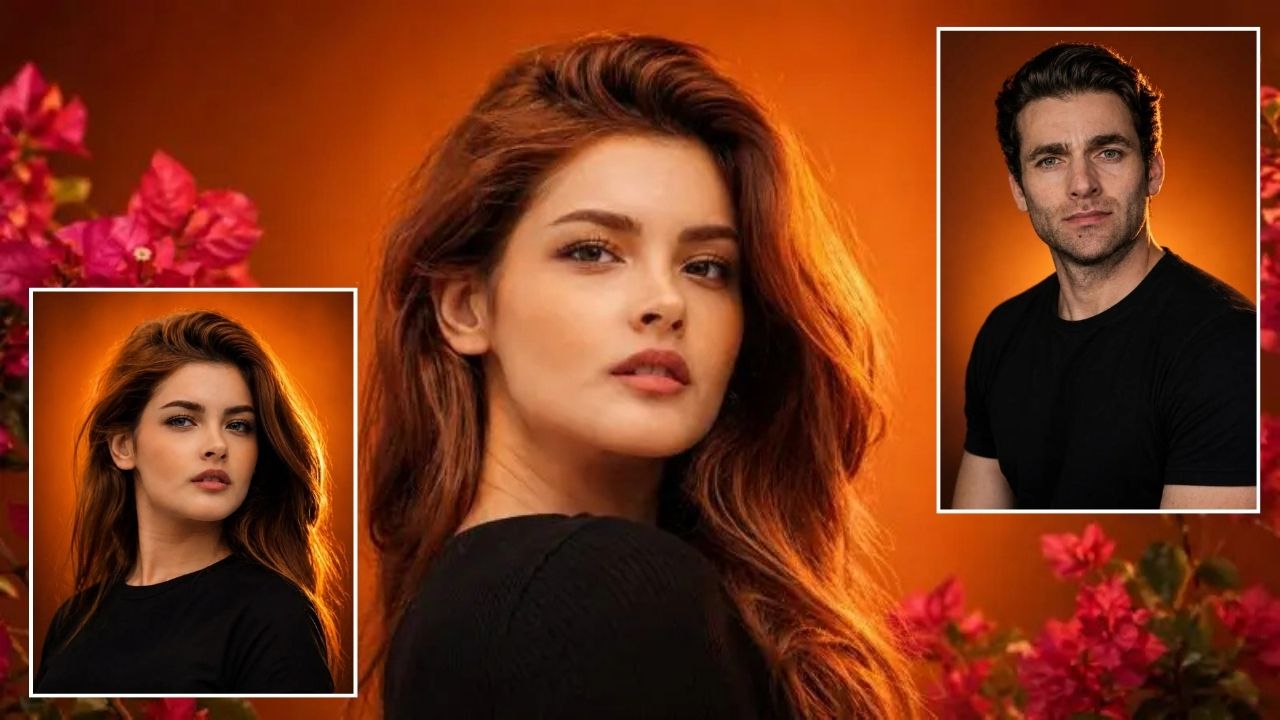 Portraits with vibrant floral background.