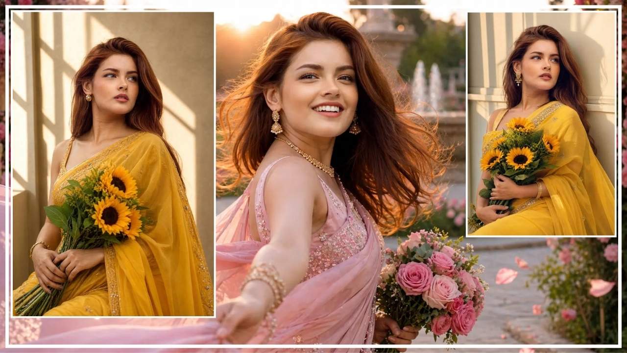 Viral Golden-hour Elegance with Sunflowers Portrait Image