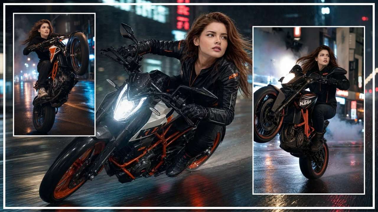 Viral Nighttime Stunt Rider in Neon City Portrait