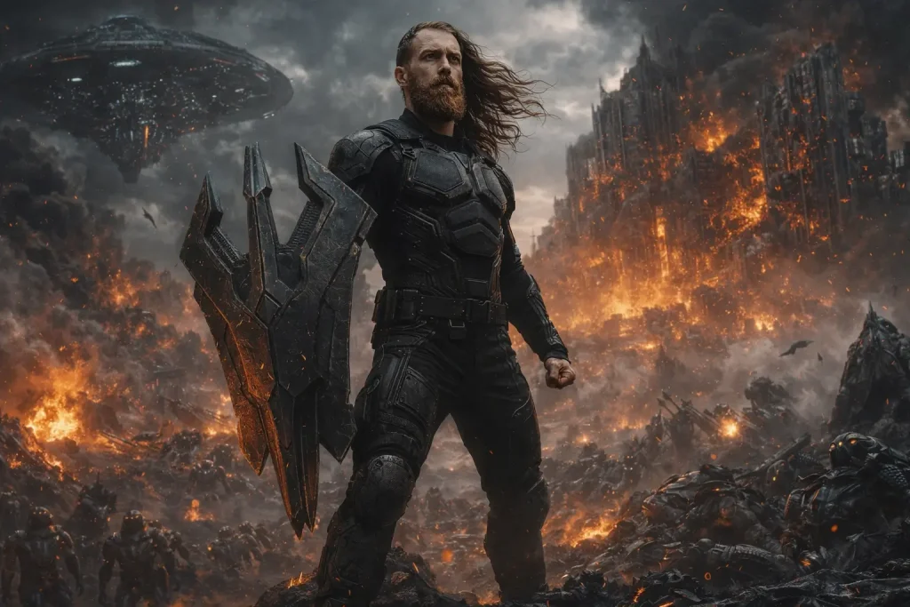 Warrior Stands Triumphant Amidst Destruction