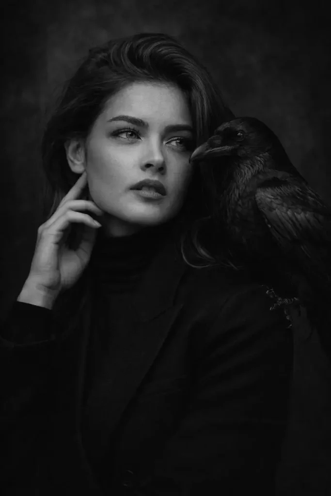 Woman and Raven Monochrome Portrait