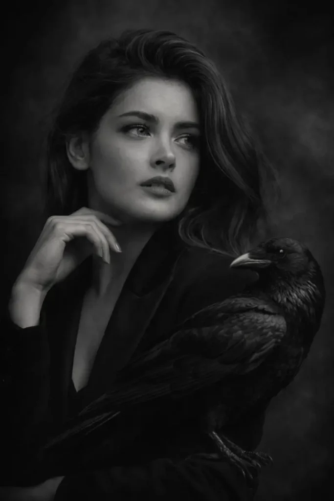 Woman and Raven in Monochrome Portrait