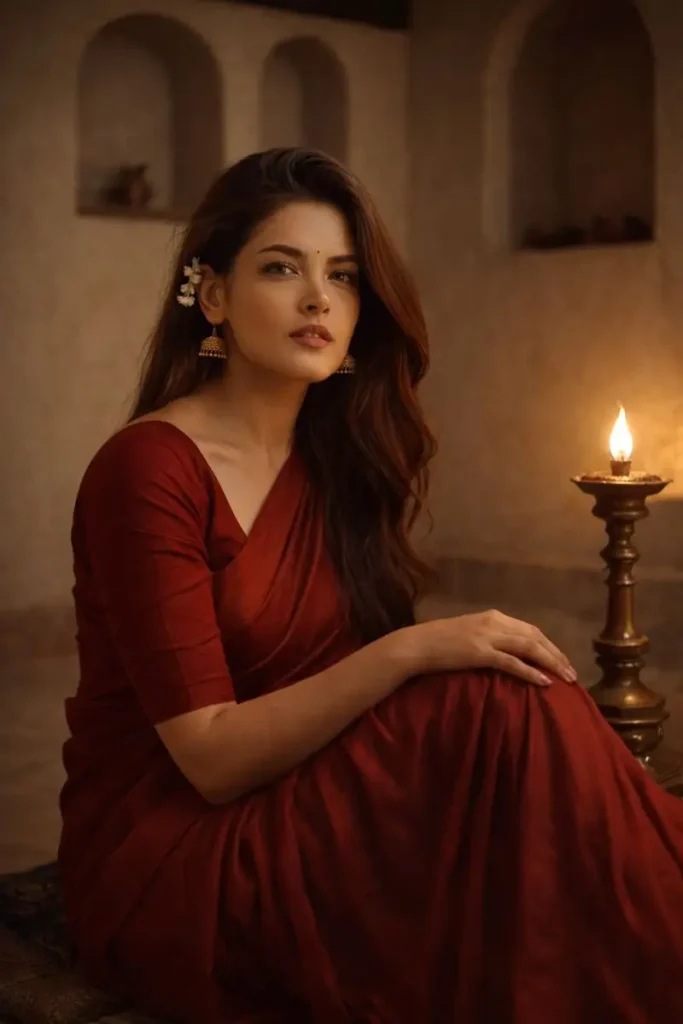 Woman in Crimson Saree by Brass Lamp
