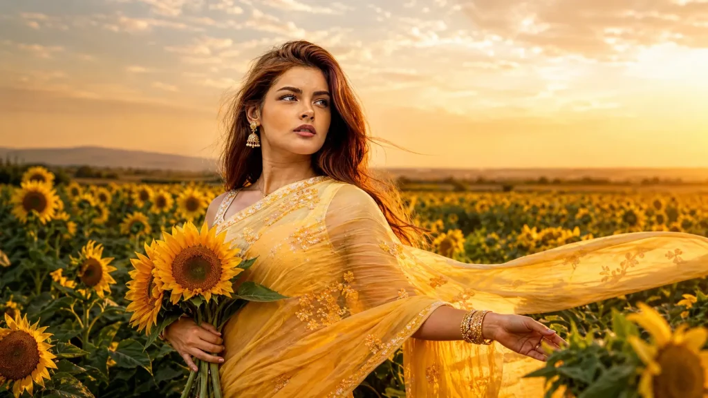 Woman in Sari Amidst Sunflower Field