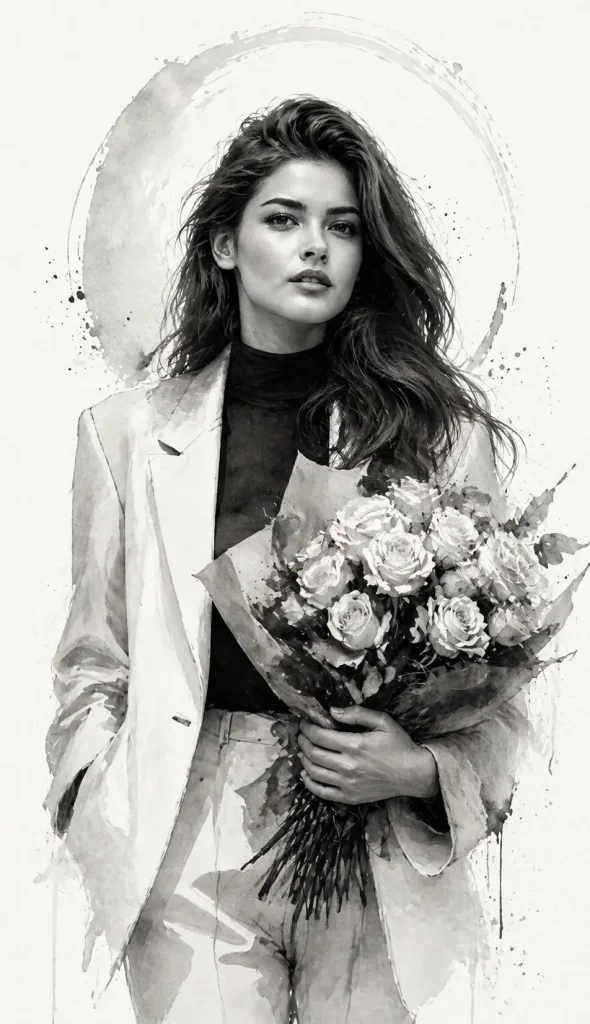 Woman with Bouquet in Monochrome