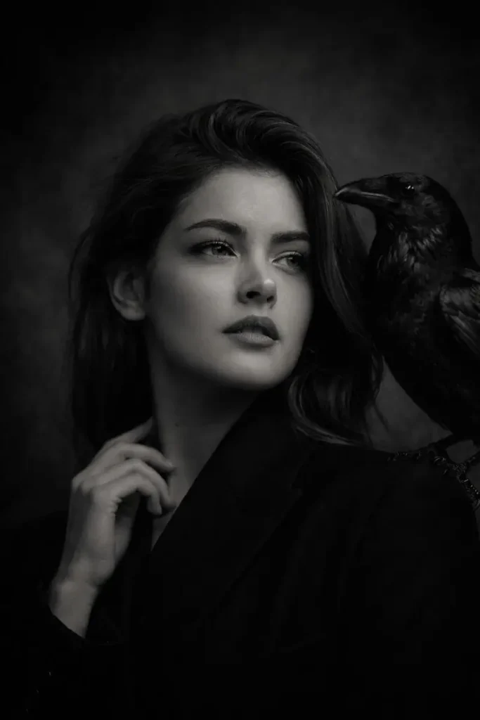 Woman and Raven in Monochrome Portrait