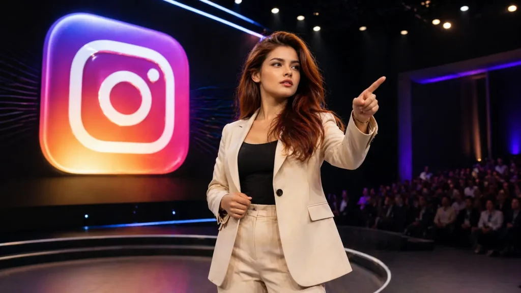 Young Woman Presenting on Modern Stage