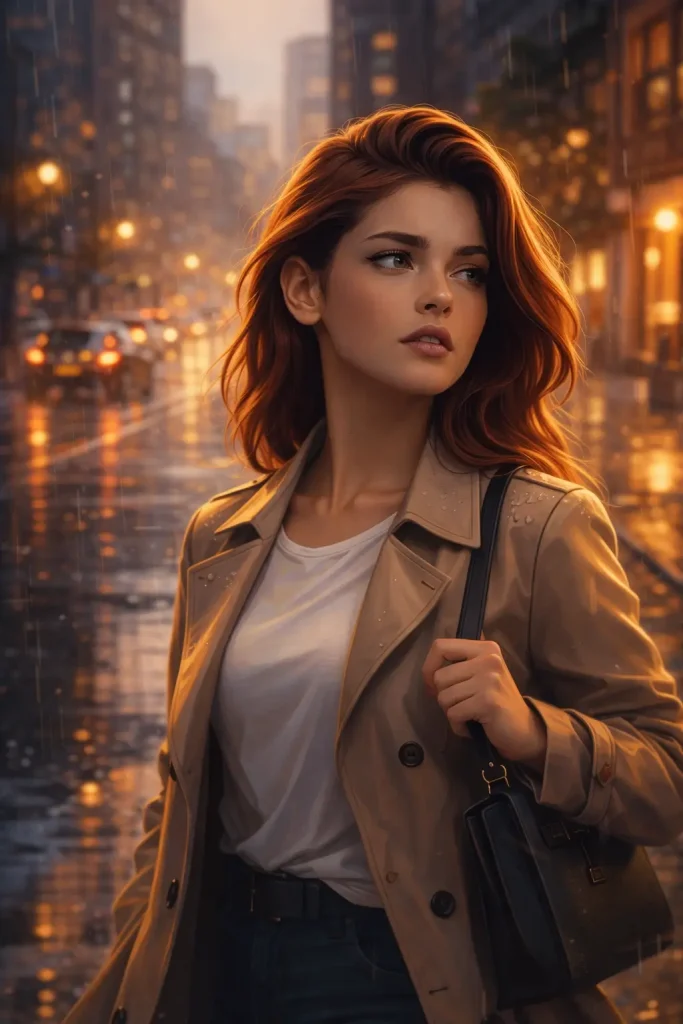 Woman in rain-soaked city street.