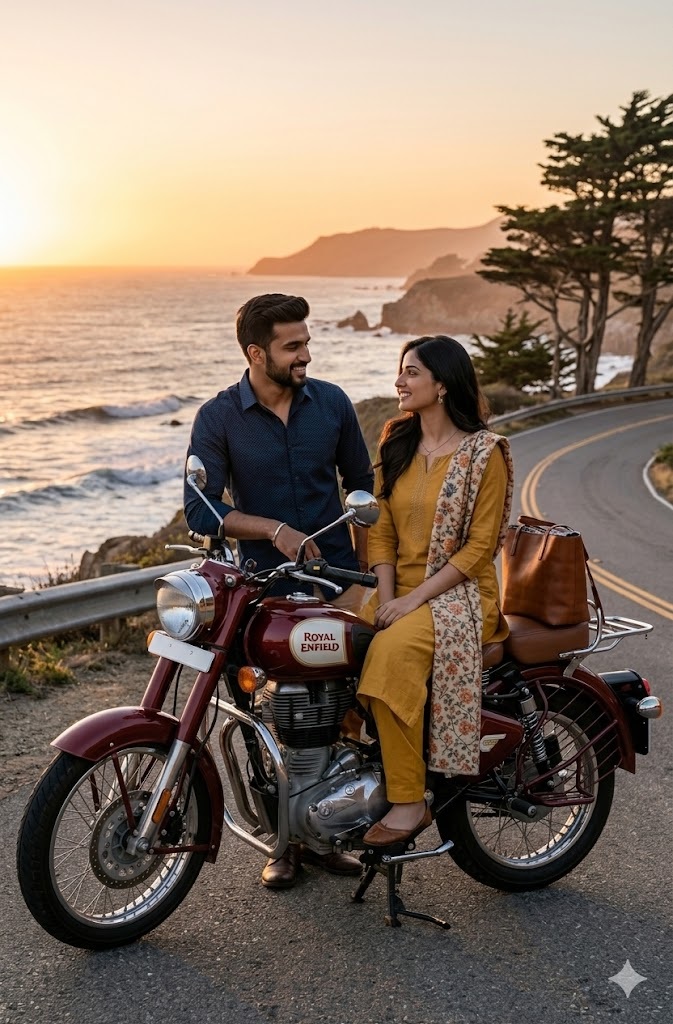 Girlfriend Boyfriend AI Prompt: Create Viral Couple AI Photos on Bikes & Mountains: Copy-Paste These Secret Prompts! 3 gemini prompt for On a Bike - Sunset Mood
