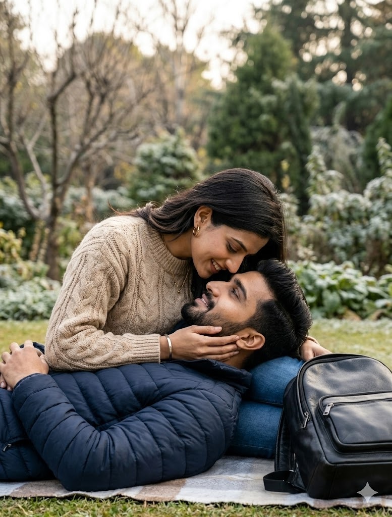 Girlfriend Boyfriend AI Prompt: Create Viral Couple AI Photos on Bikes & Mountains: Copy-Paste These Secret Prompts! 9 girlfriend boyfriend Lying with Head in Lap ai prompt